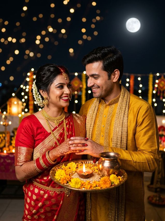 Karwa Chauth couple prompt joint aarti thali and diya flame duet