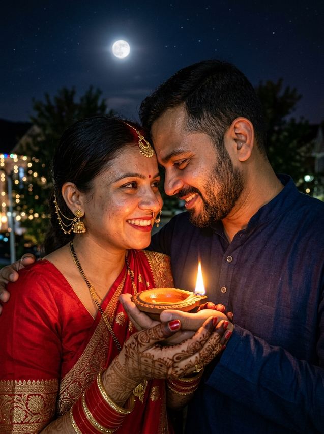 Cupped diya close up Karwa Chauth couple portrait Gemini prompt