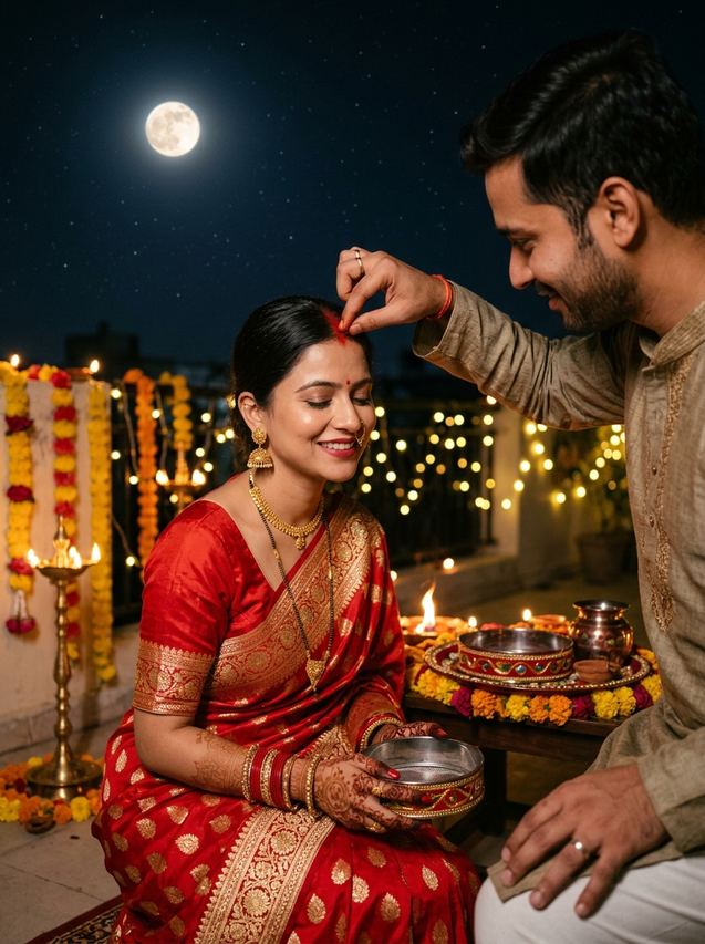 Sacred sindoor forehead blessing Karwa Chauth couple portrait Gemini prompt