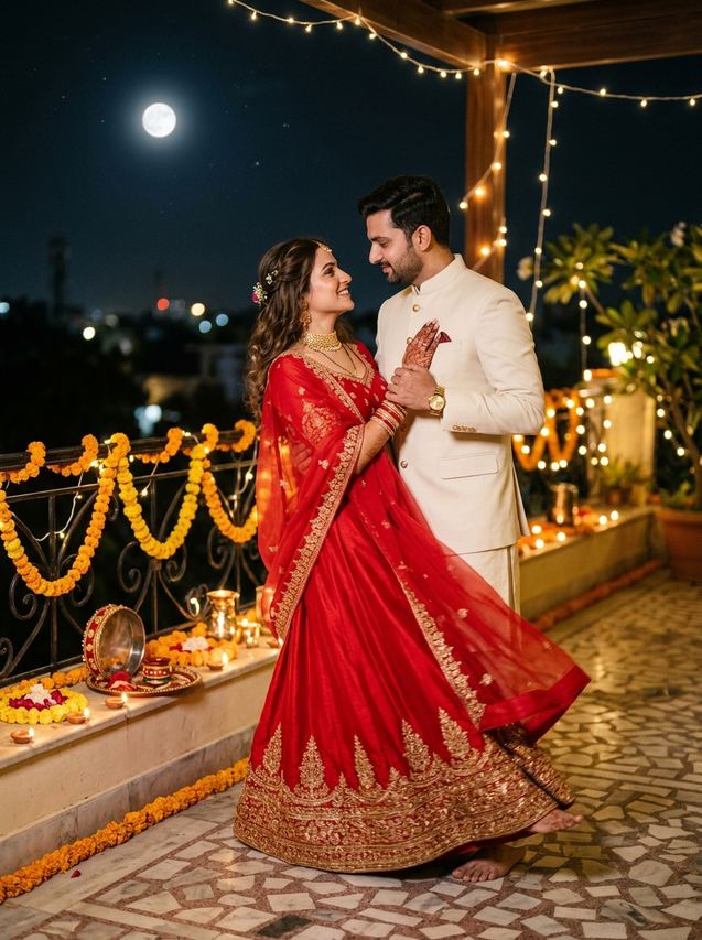 Moonlit rooftop slow dance Karwa Chauth couple photo prompt