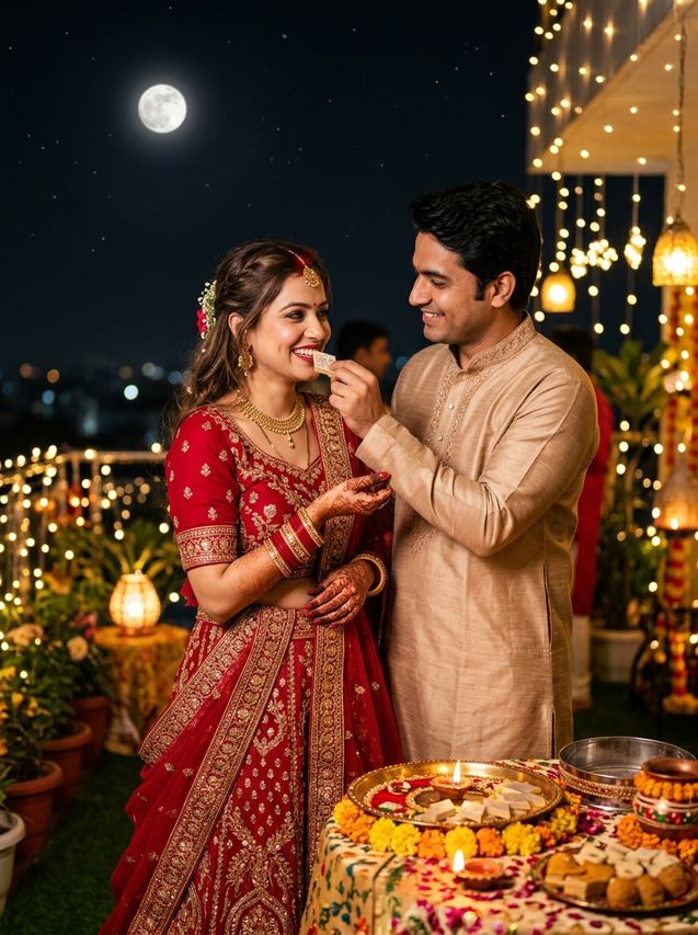 Sweet feeding first bite Karwa Chauth couple AI prompt