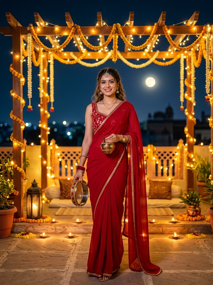 Karwa chauth prompt for gemini girl full length terrace pose under fairy lights pergola