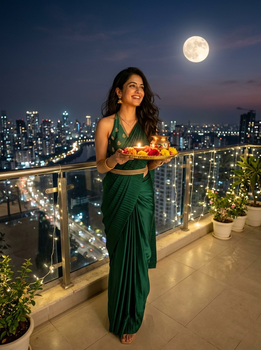 Karwa chauth prompt for gemini girl instagram emerald green pleated satin saree on luxury balcony