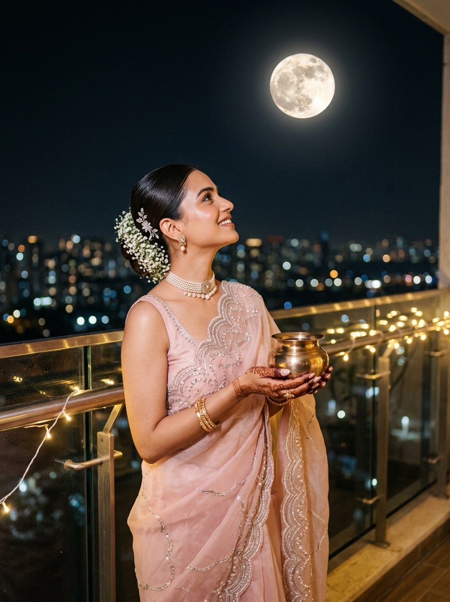 Karwa chauth prompt for gemini girl blush pink organza saree with pearls and moonlit glow