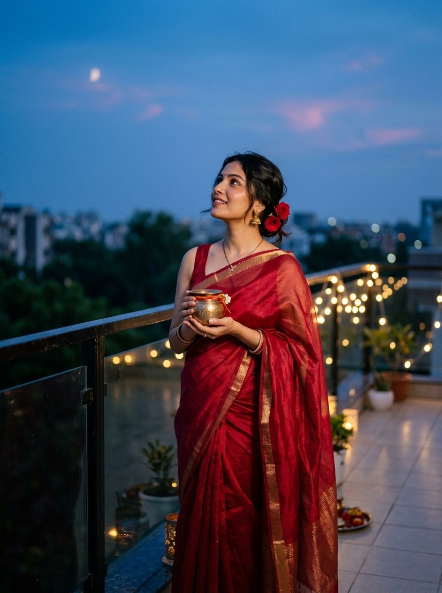 Karwa chauth prompt for gemini single girl waiting for the moonrise on terrace balcony in red tissue saree