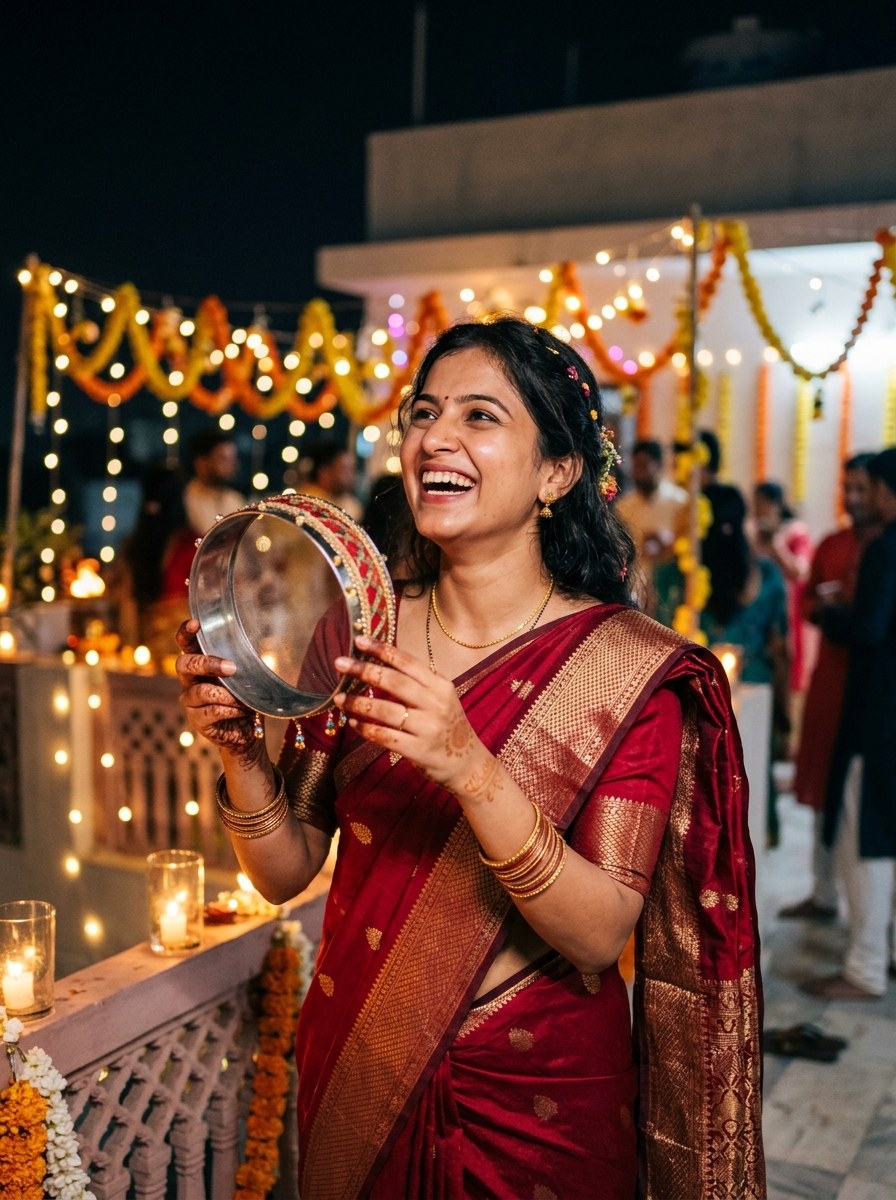 Karwa Chauth prompt for women candid laughing portrait lowering the brass sieve
