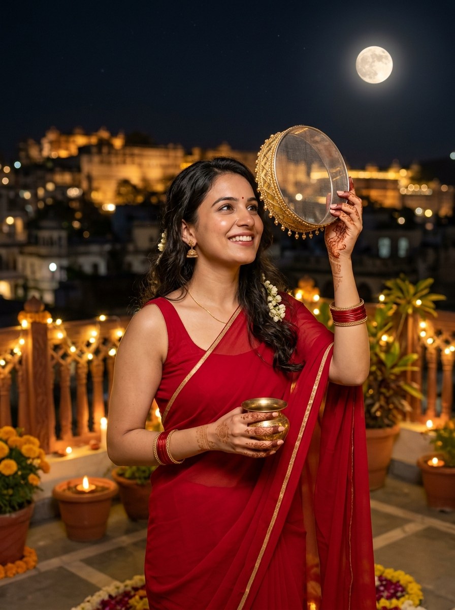 Karwa Chauth prompt for girl classic chhalni sieve moon viewing pose in red chiffon saree