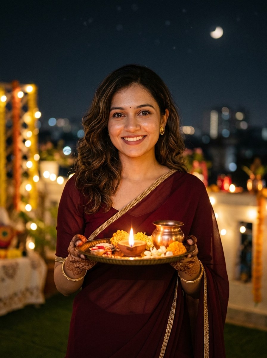 Karwa chauth prompt for women front portrait holding illuminated diya thali
