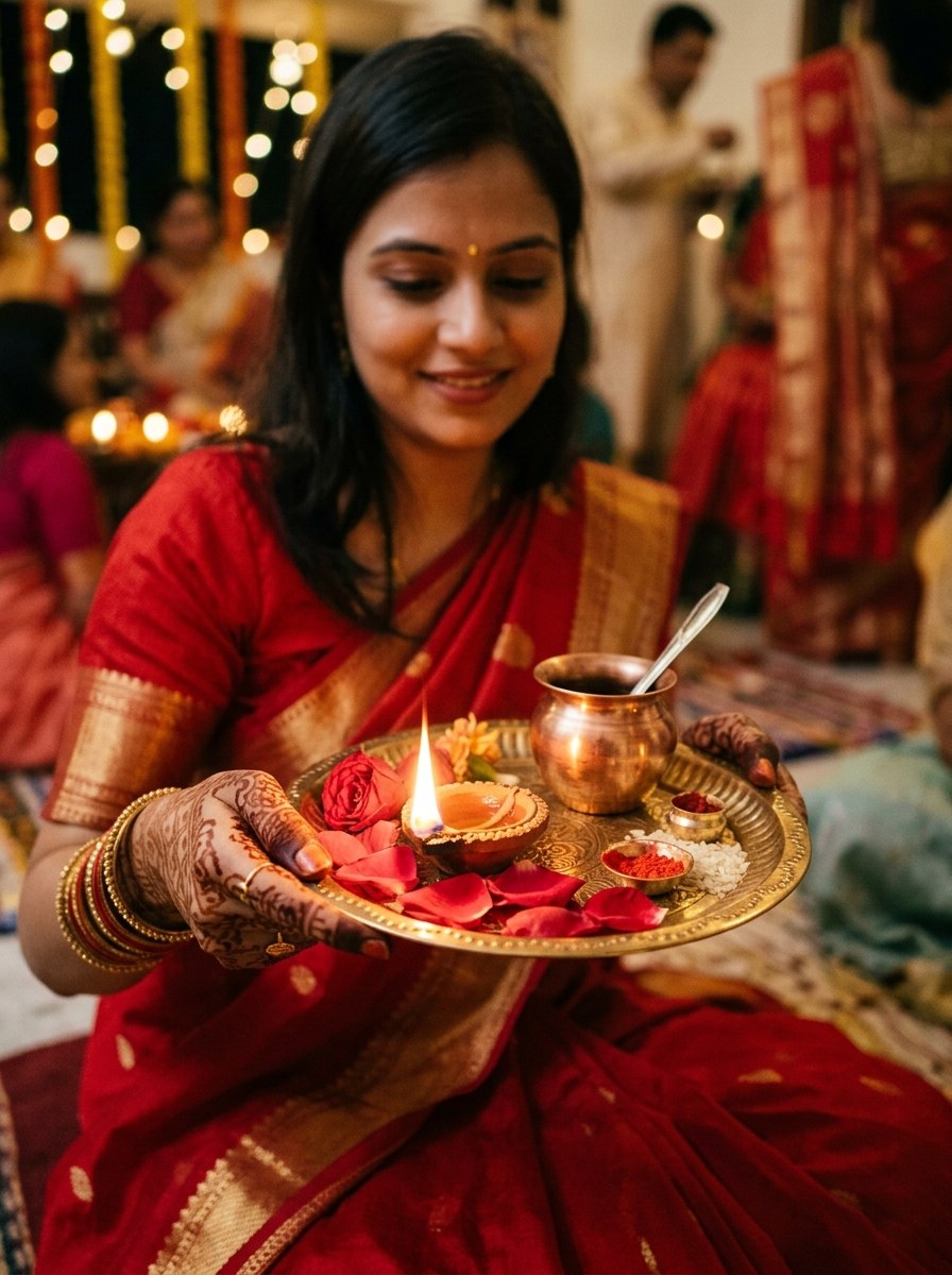 Karwa chauth prompt for gemini girl instagram artistic close up of illuminated pooja thali and mehndi hands