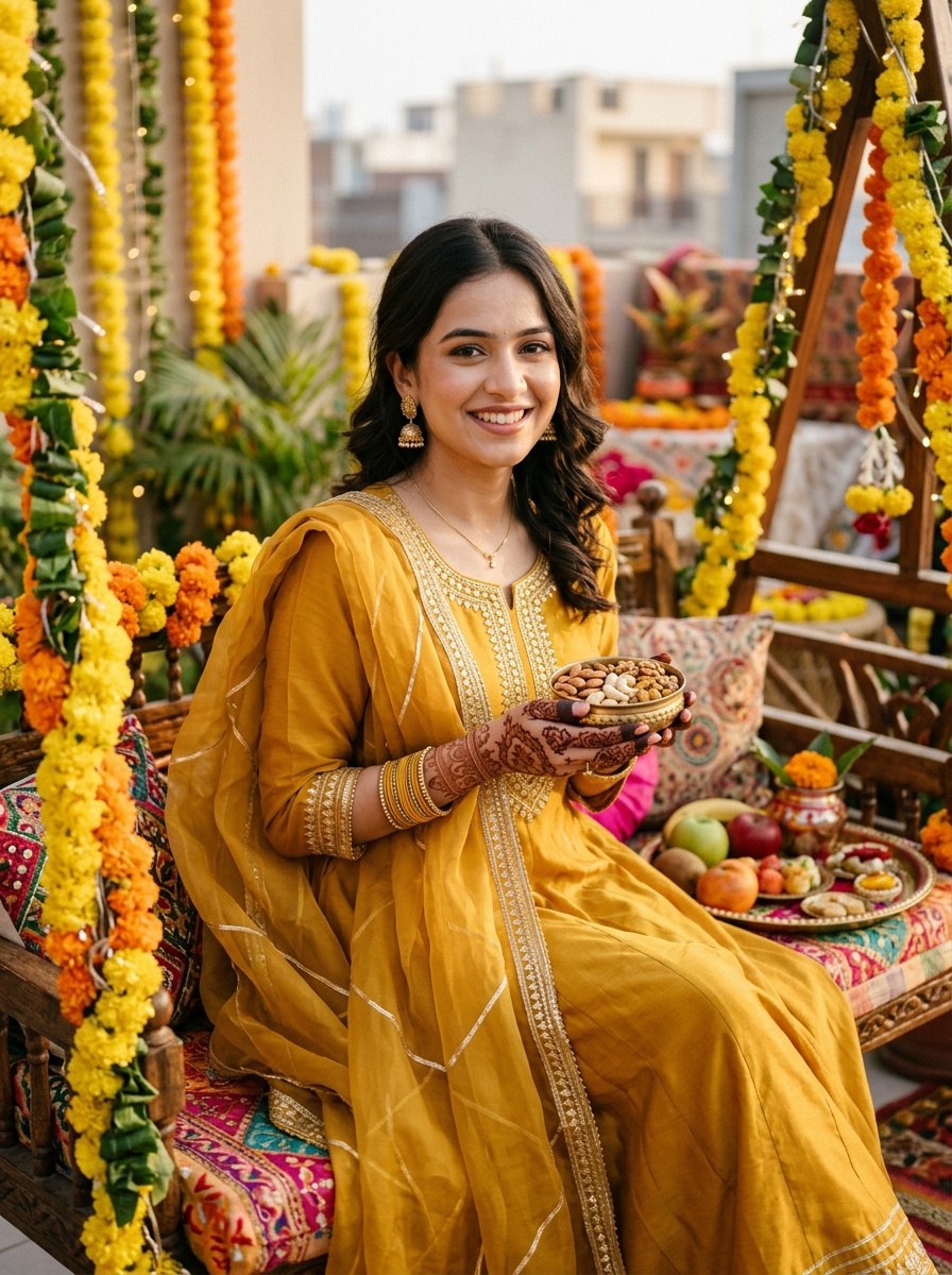 Karwa chauth prompt for women daytime sargi look in mustard yellow Anarkali suit on floral swing