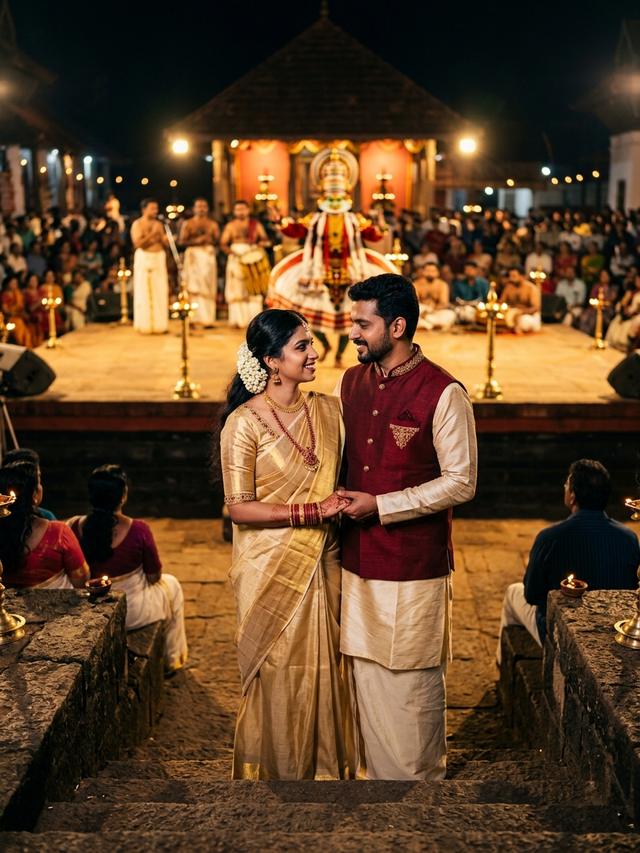 Kathakali Cultural Evening Dance - Romantic Onam Prompt for Couple AI Portrait