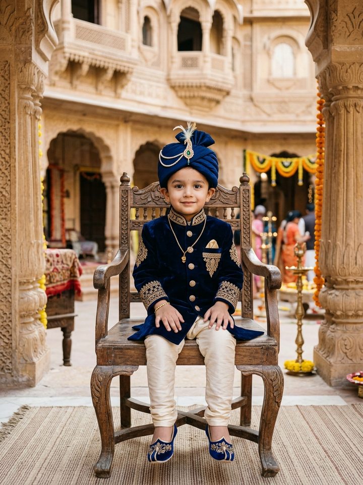 Little Prince Royal Velvet Sherwani and Turban Dussehra Prompt for Baby Boy