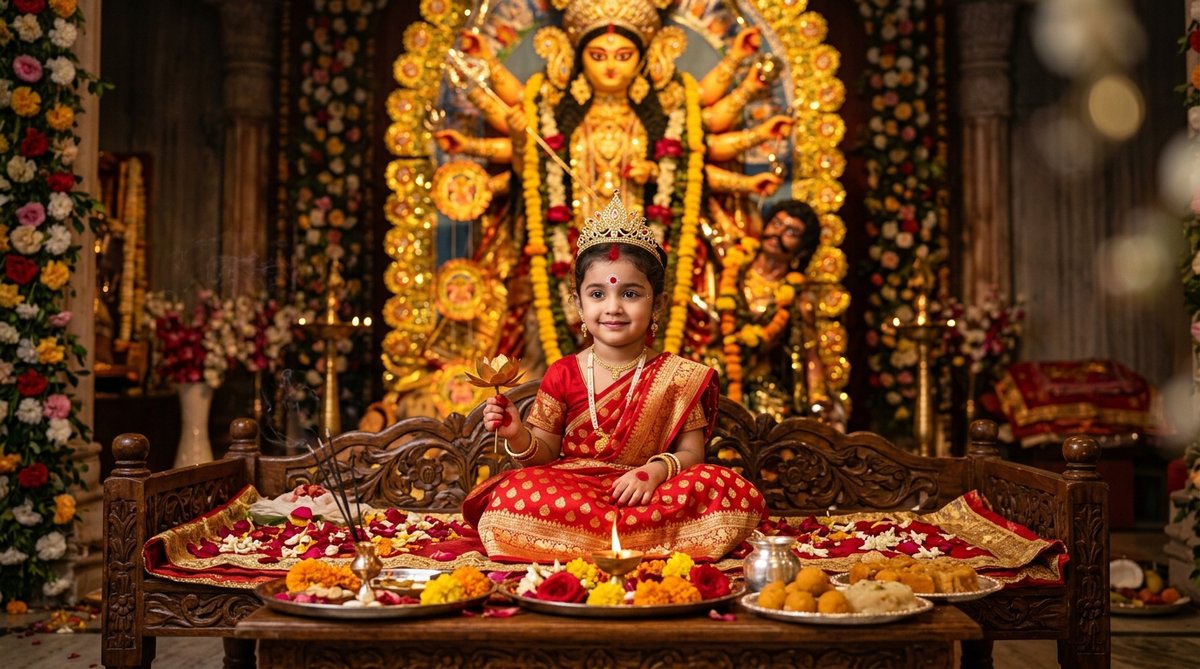 Maa durga prompt for baby girl navratri kanya pujan kumari puja with crown before grand idol