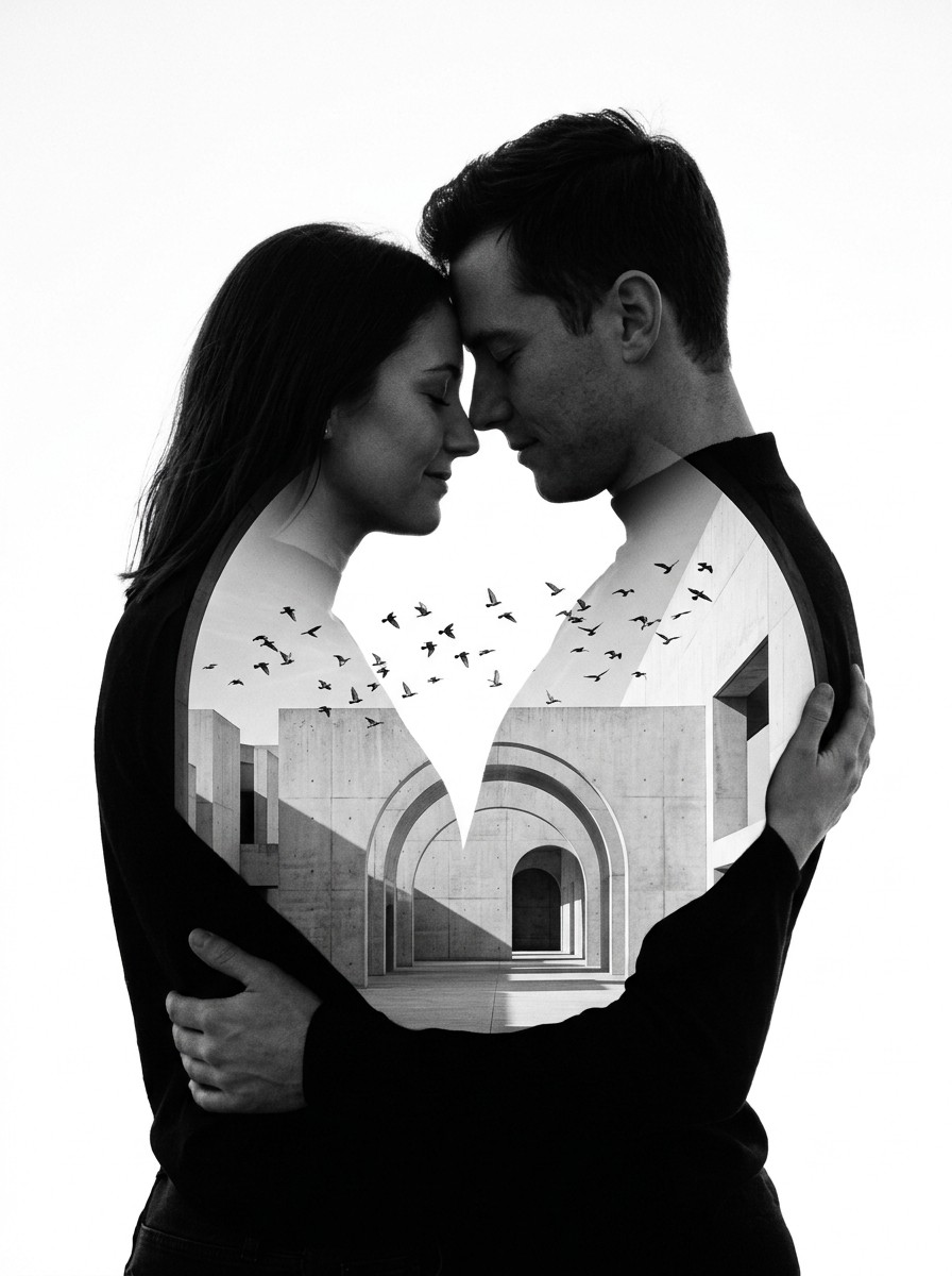 Realistic couple prompt for gemini ai - Minimalist black and white couple double exposure with architectural arches and birds