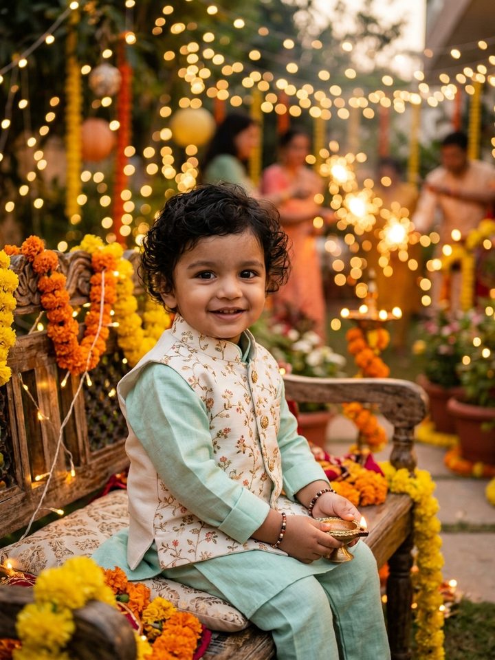Modern Baby Boy Pastel Kurta Sparkler Bokeh Dussehra Photo Editing Prompt