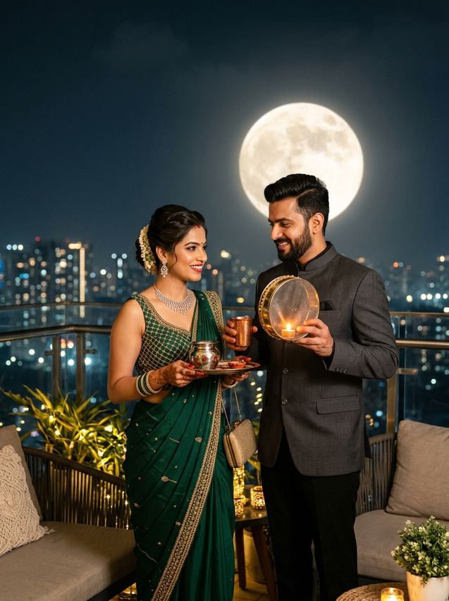 Modern penthouse skyline Karwa Chauth couple AI prompt