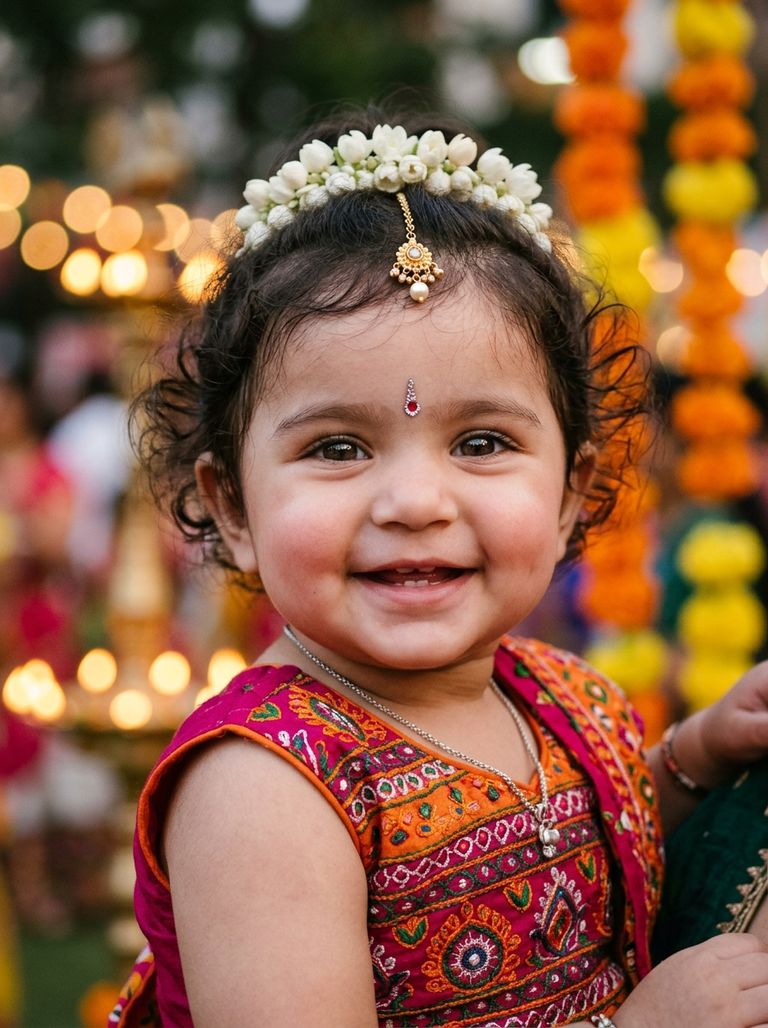 Candid baby girl Navratri close-up portrait AI photo prompt