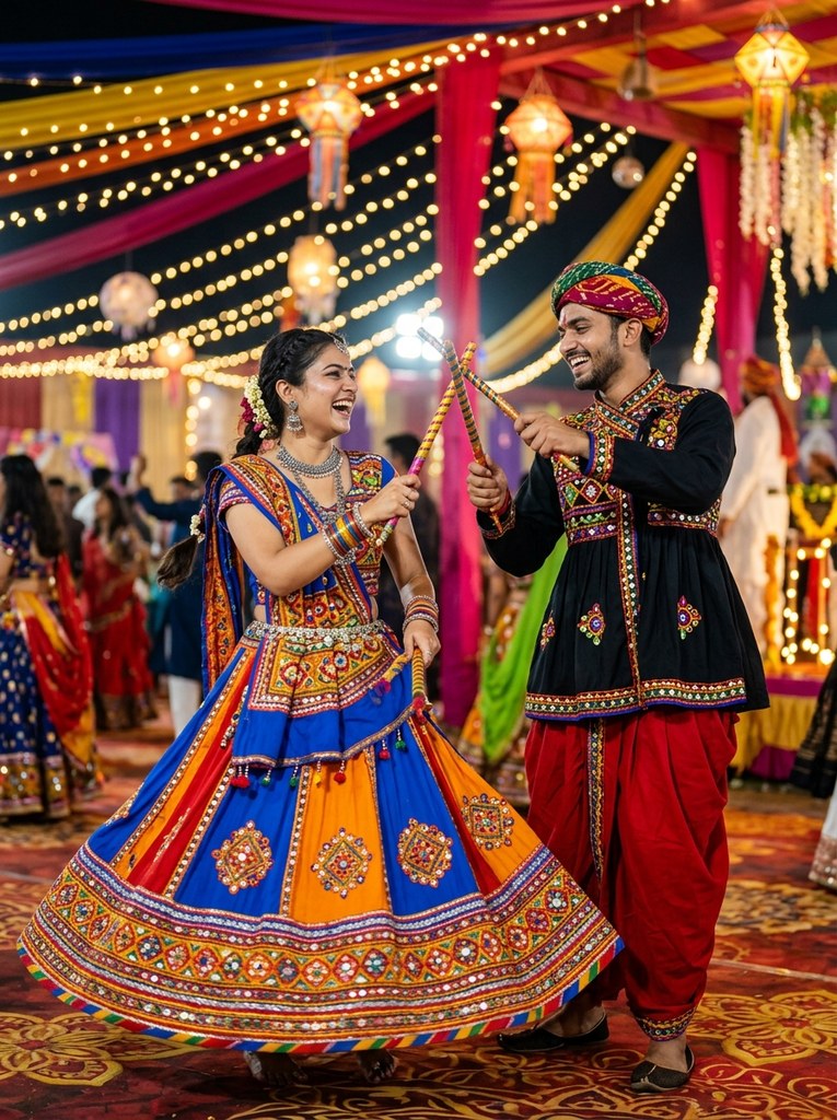 Navratri prompt for Gemini girl and boy couple Garba dance with dandiya sticks