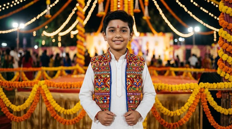 Navratri photo prompt for boys in white kurta and jacket