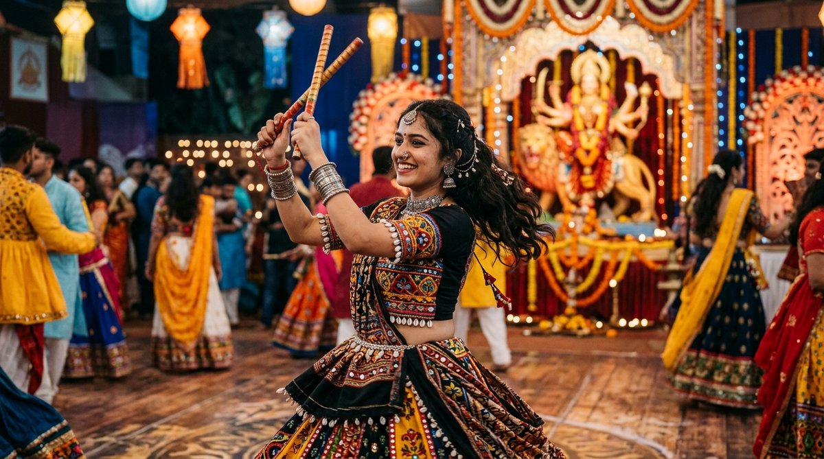 Navratri prompt for gemini girl playing garba with dandiya sticks before Maa Durga altar
