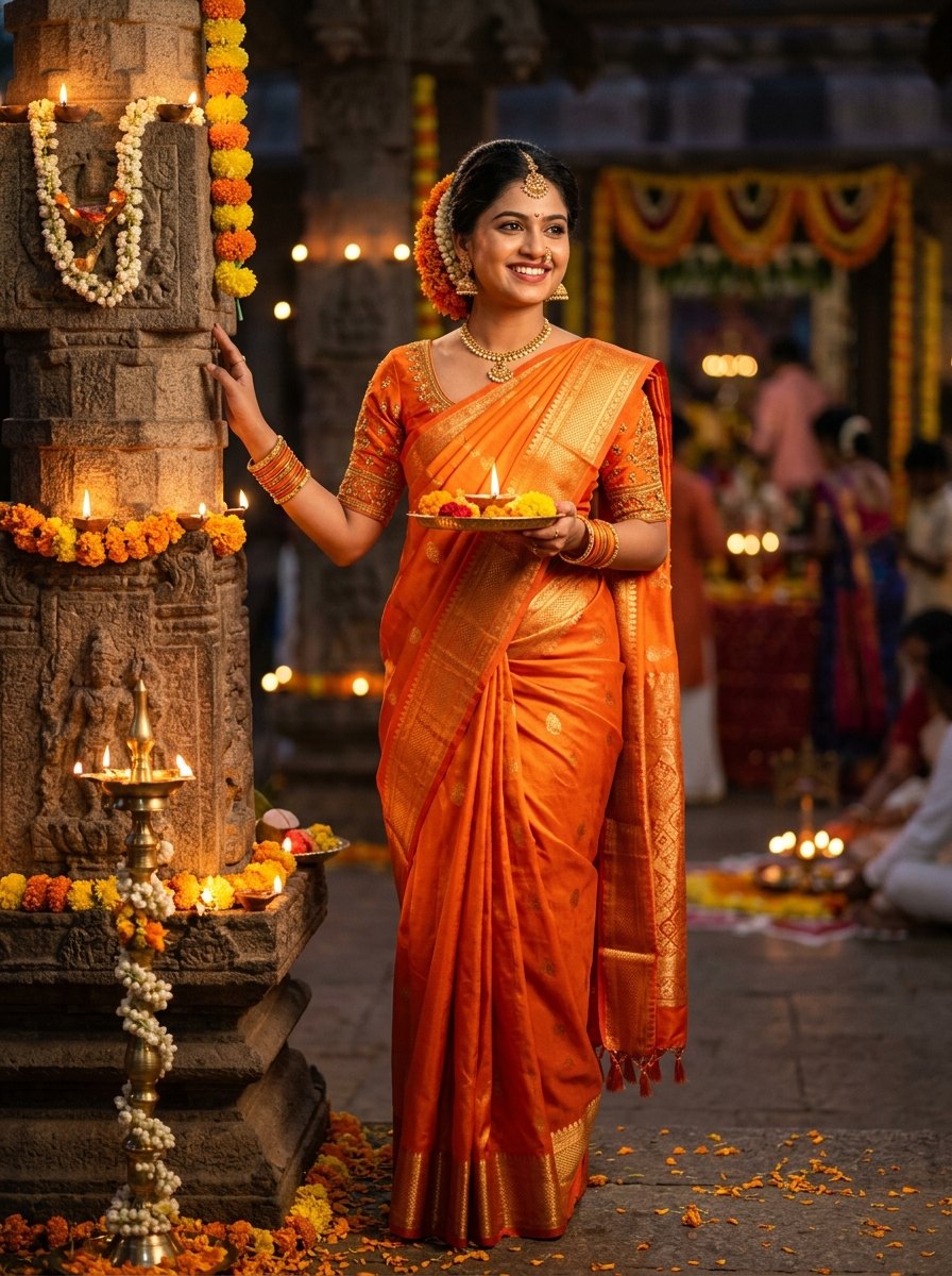 Navratri 9 colours saree images - Day 1 Orange saree look for Pratipada with temple illumination