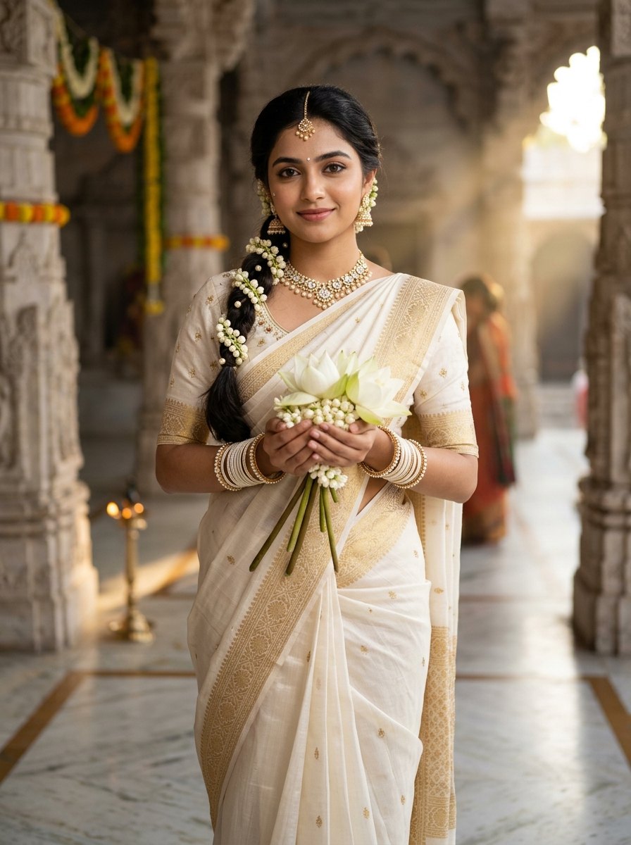 Navratri saree colours for 9 days images - Day 2 Pearl white saree look with white lotus flowers