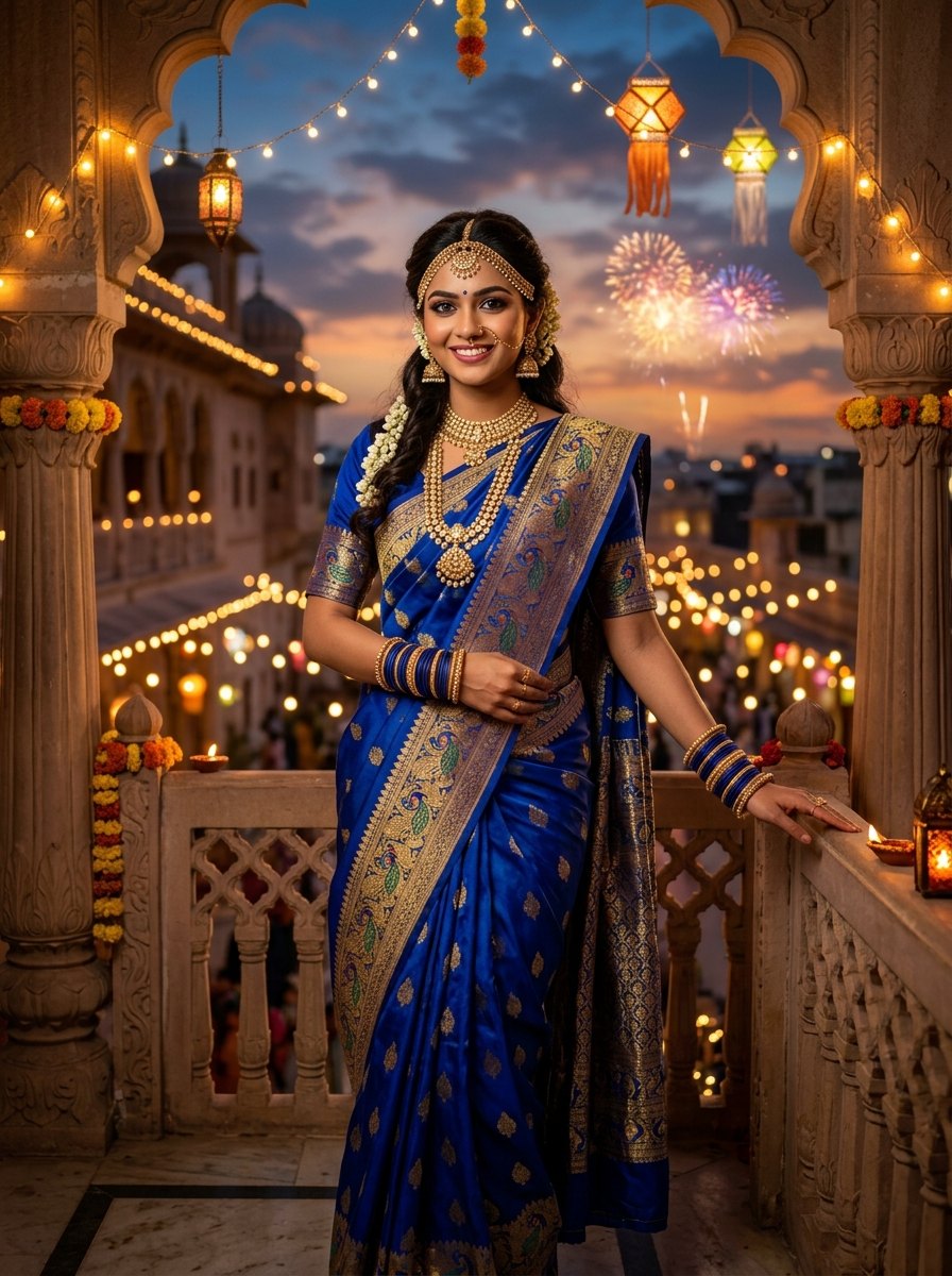 Navratri saree colours for 9 days images - Day 4 Royal blue Kanjeevaram saree on heritage palace balcony