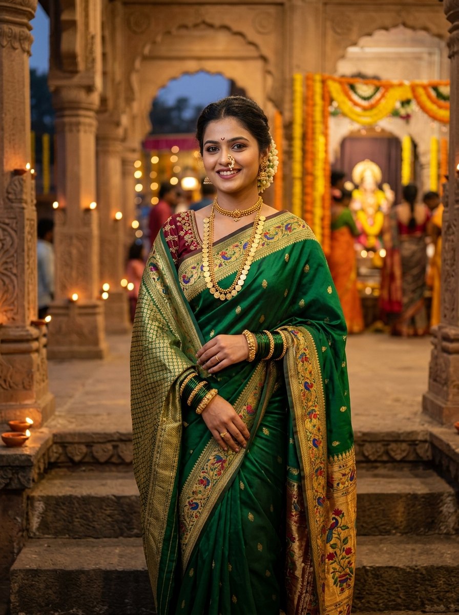 Navratri saree colours for 9 days images - Day 6 Emerald green Paithani silk saree with temple nath
