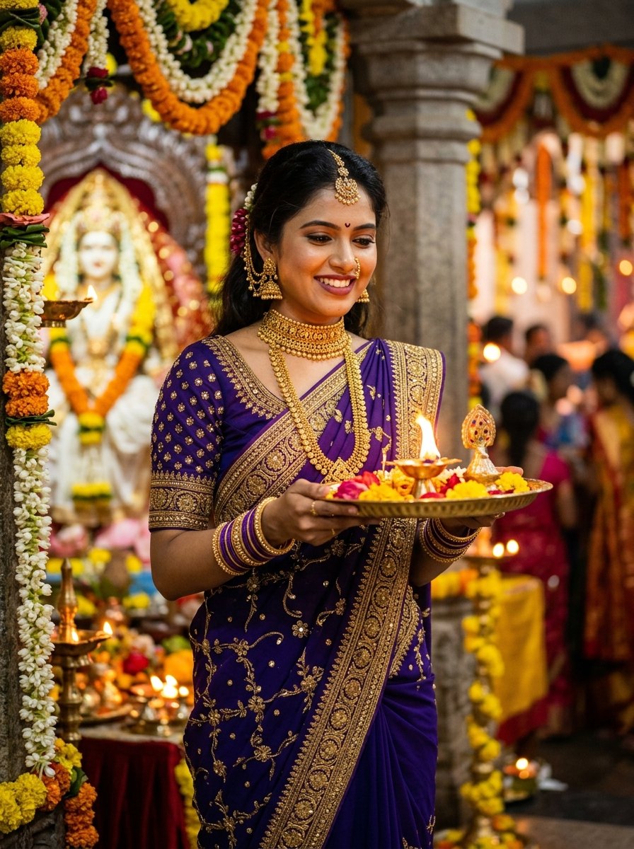 Navratri saree colours for 9 days images - Day 8 Royal purple saree with Ashtami Maha Aarti thali
