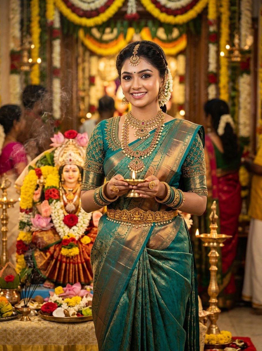 Navratri 9 colours saree images - Day 9 Dual-tone peacock green silk saree with gold kamarbandh