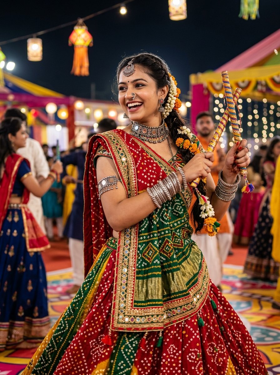 Navratri 9 colours saree images - Gujarati Bandhani saree with dandiya sticks at Garba night