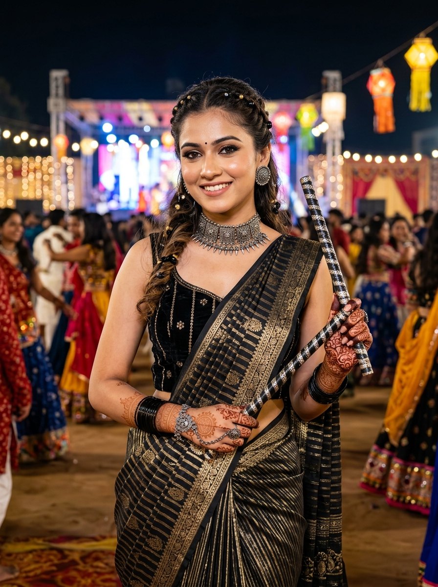 Navratri saree colours for 9 days images - Contemporary black and gold fusion saree with oxidized jewellery