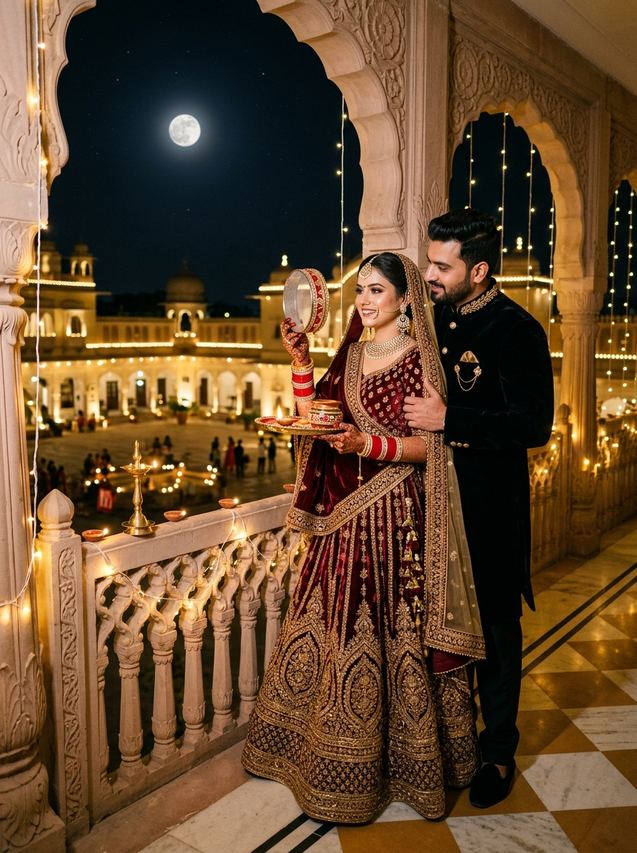 Newlywed Karwa Chauth couple prompt intimate balcony embrace