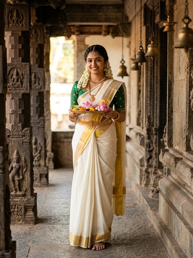 Onam saree prompt for girl - Ancient Kerala temple stone corridor with lotus thali look