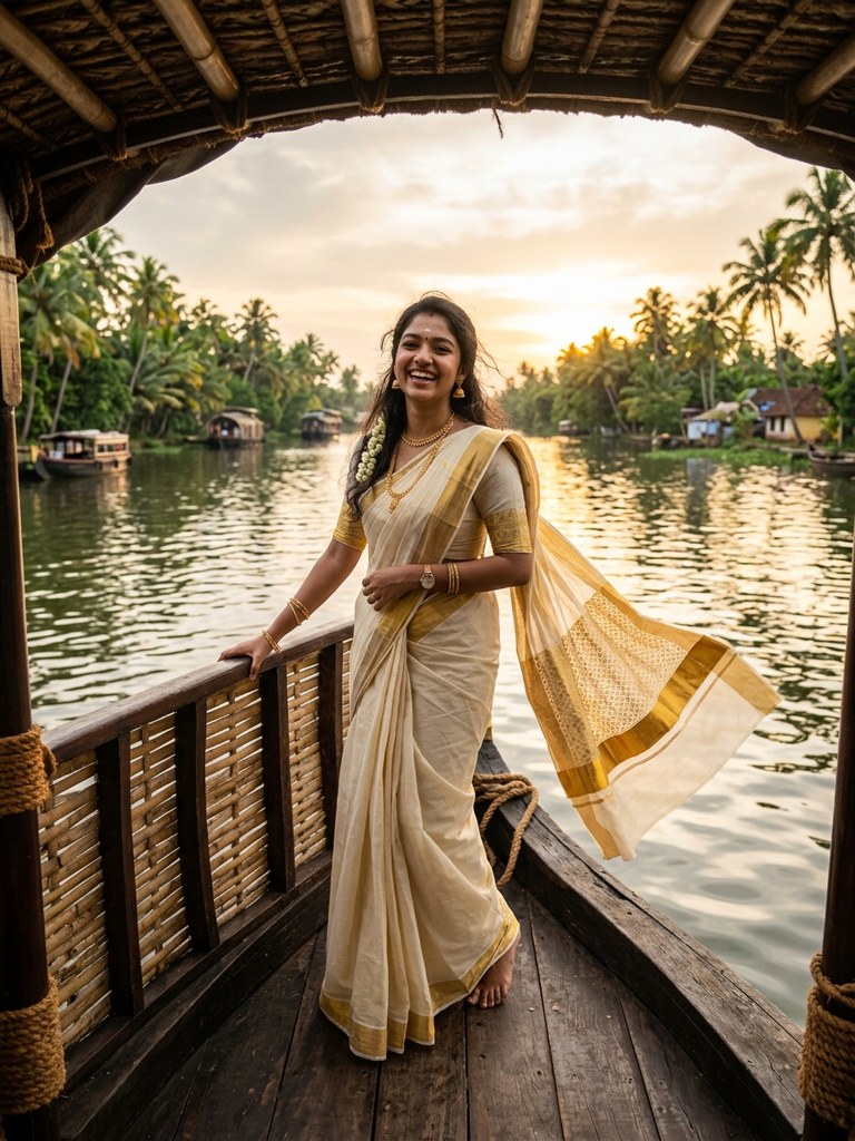 Kerala Kasavu saree prompt - Alleppey backwaters houseboat deck sunset portrait