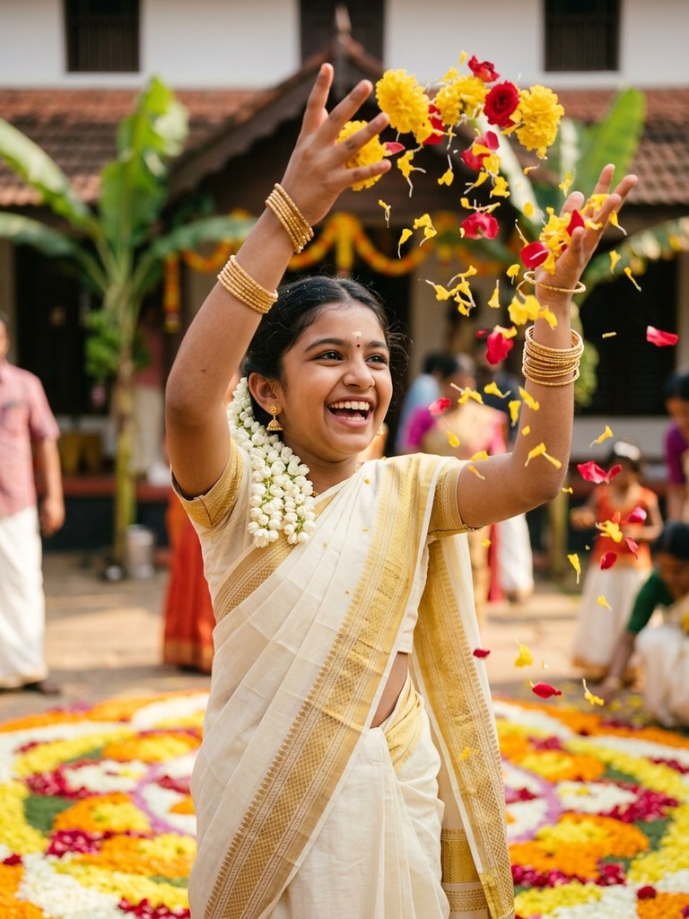 Onam saree prompt for girl - Joyful marigold flower petal toss candid Onam celebration