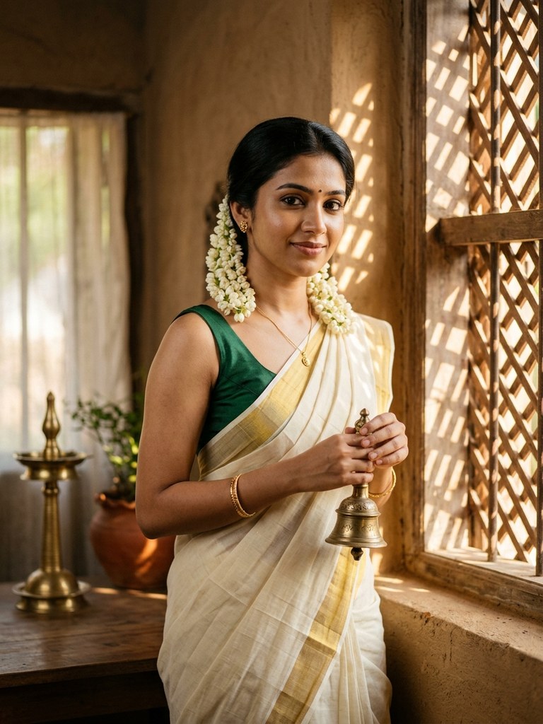 Onam saree prompt for women - Modern minimalist Kerala Kasavu handloom saree editorial portrait