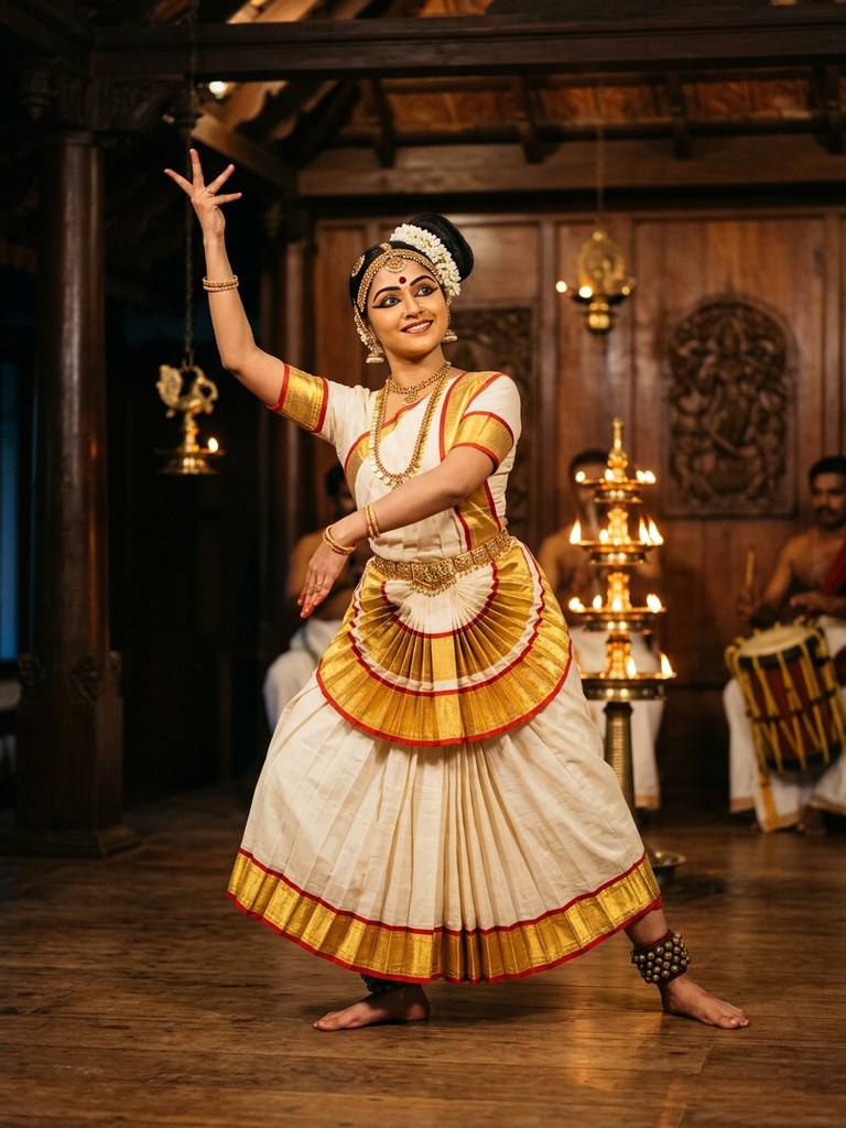 Onam saree prompt for women - Mohiniyattam classical dance pose in pleated Kasavu saree