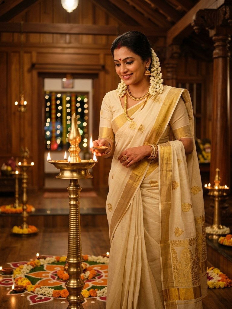 Onam saree prompt for women - Traditional Nilavilakku diya lamp lighting in Kerala Kasavu saree