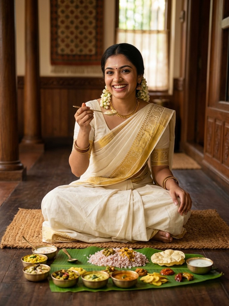 Onam saree prompt for girl - Traditional Onasadya banana leaf festive feast portrait