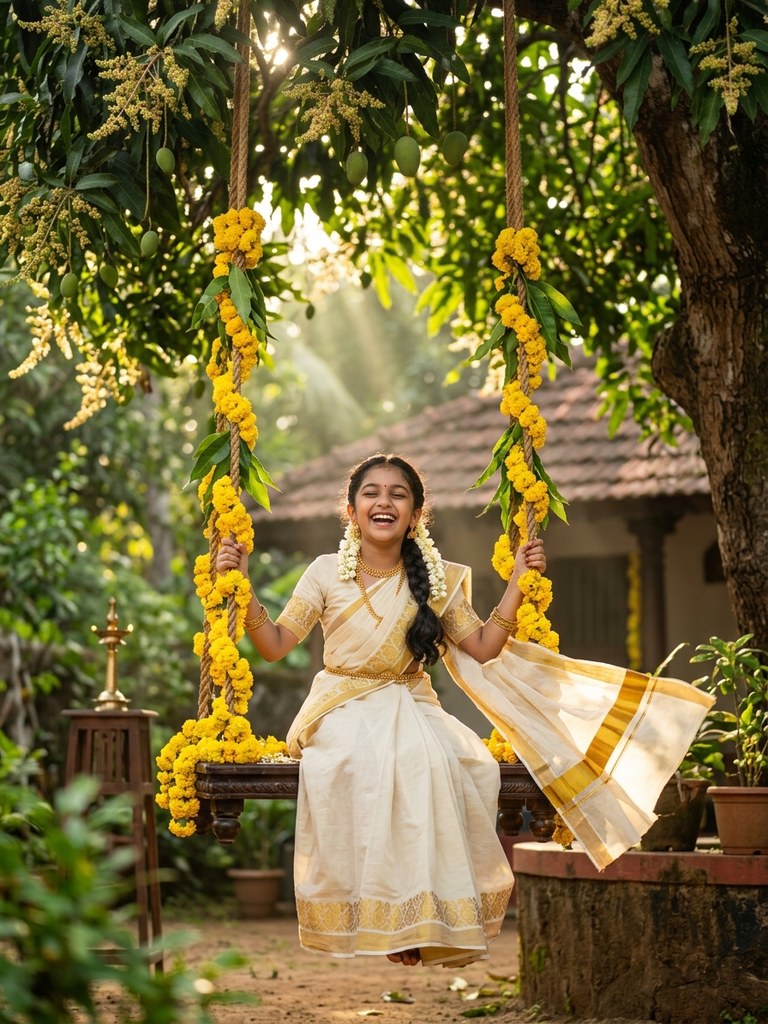 Onam saree prompt for girl - Decorated wooden swing Oonjal village courtyard festive mood