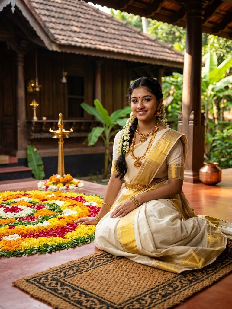 Onam saree prompt for girl - Kerala Kasavu saree with floral Pookkalam AI photo editing