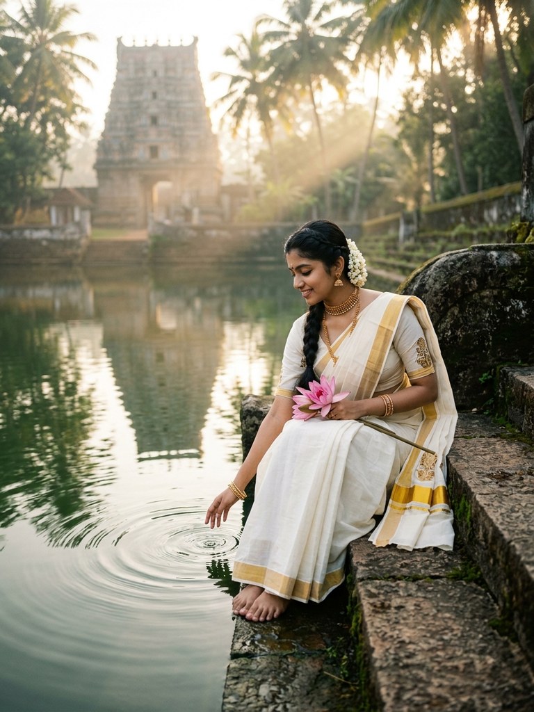 Onam saree prompt for girl - Serene temple pond steps Ambalakulam ripples photography