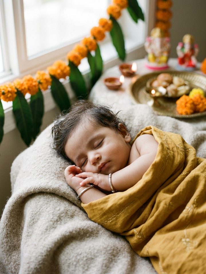Peaceful Infant Baby Boy Saffron Silk Swaddle Dussehra AI Prompt 2026