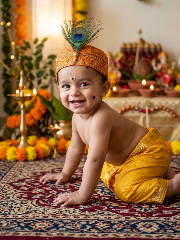 Playful Baby Boy Peacock Feather Cap Dussehra Prompt Gemini AI 2026