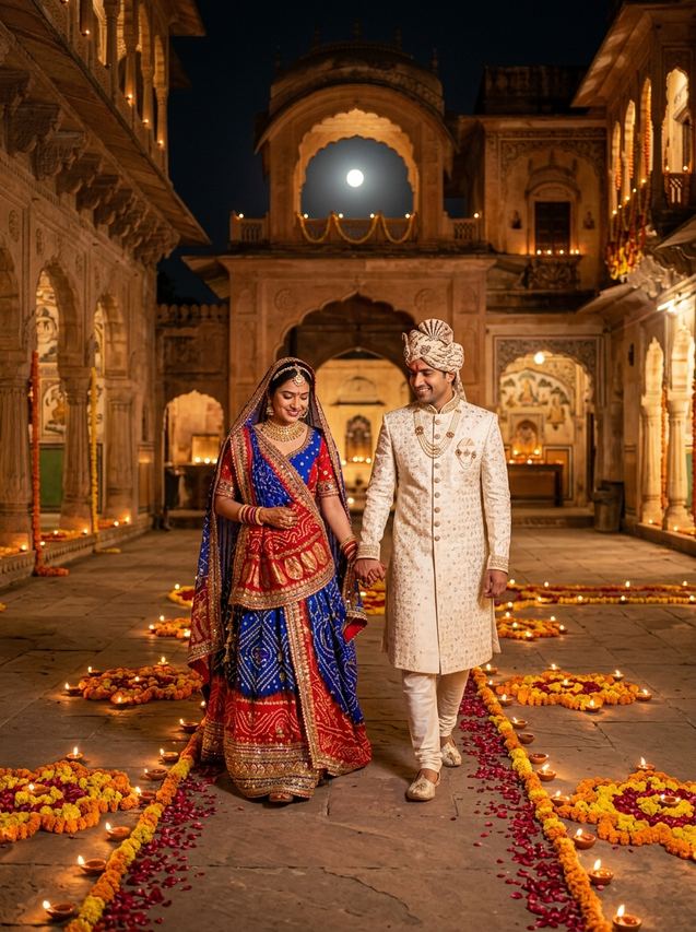 Royal Rajasthani courtyard diya walk Karwa Chauth couple prompt