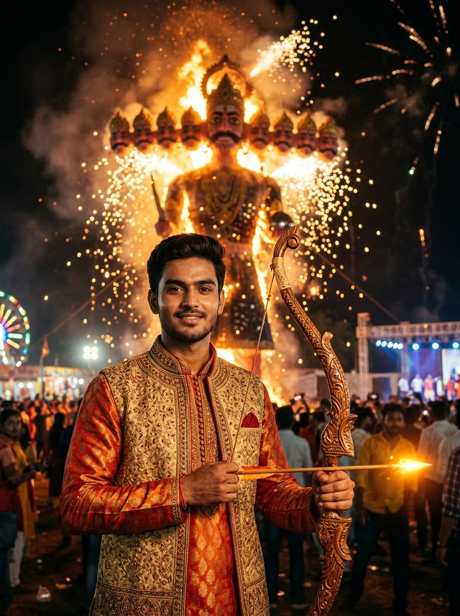 Ravan dahan gemini prompt - Indian boy in saffron kurta with bow and burning ravan effigy