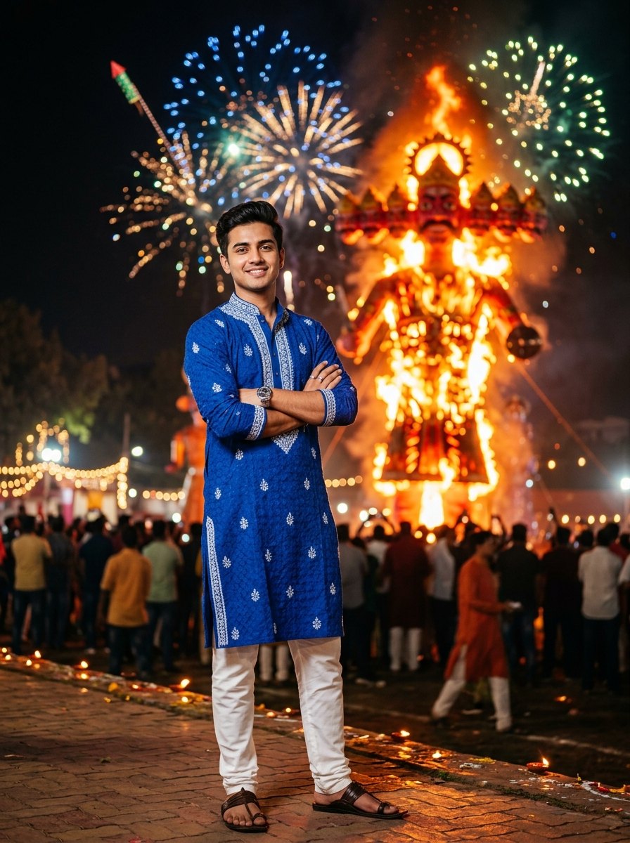 Ravan dahan gemini prompt - Stylish Indian boy in royal blue kurta with fireworks and burning ravan