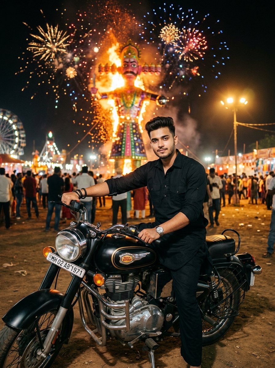Ravan dahan prompt copy paste - Indian boy on bullet bike with burning ravan effigy fireworks