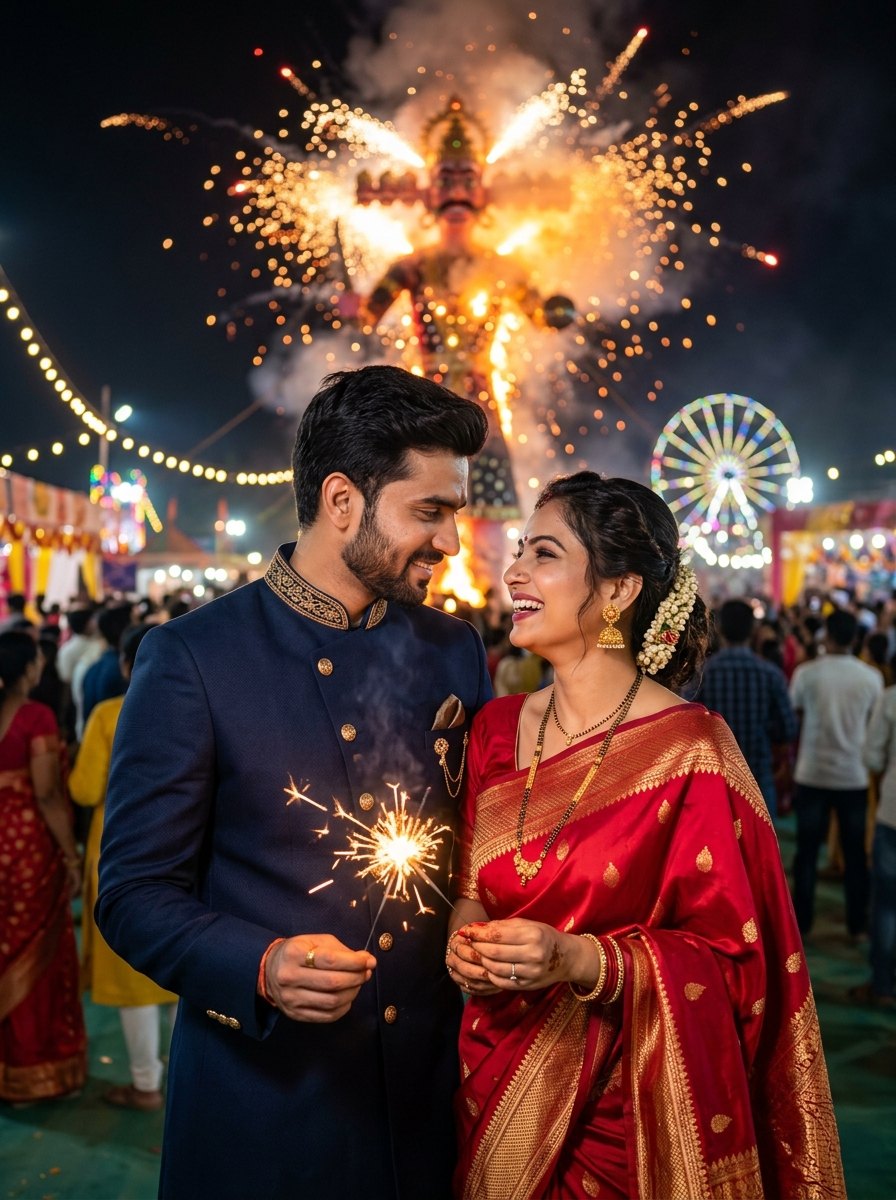 Ravan dahan gemini prompt - Newlywed Indian couple with sparkler and burning ravan background